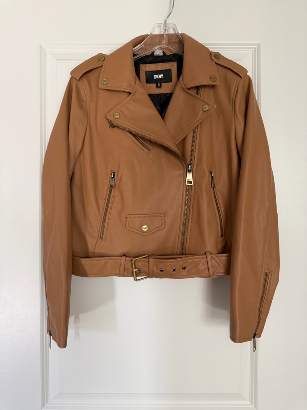 DKNY Camel Brown Leather Moto Jacket with Belt